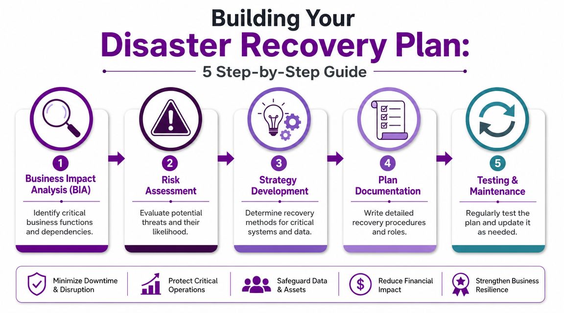 A five-step guide for creating a business disaster recovery plan to ensure operational resilience and data security.