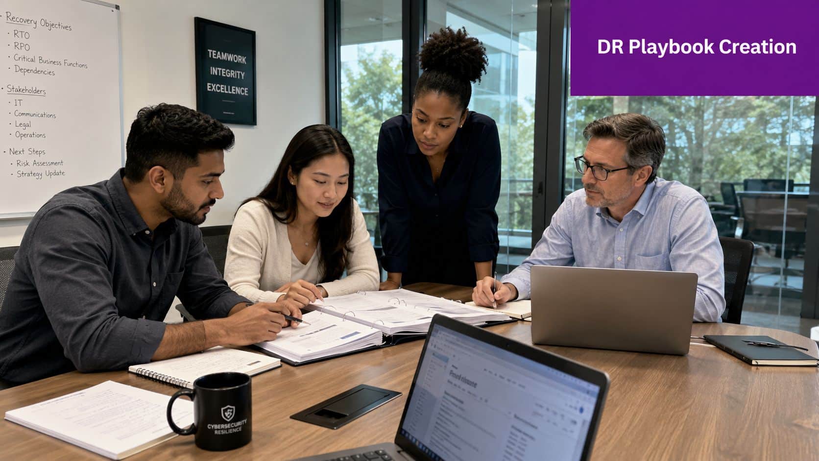 A professional team collaborating on a disaster recovery playbook during a business meeting in an office.