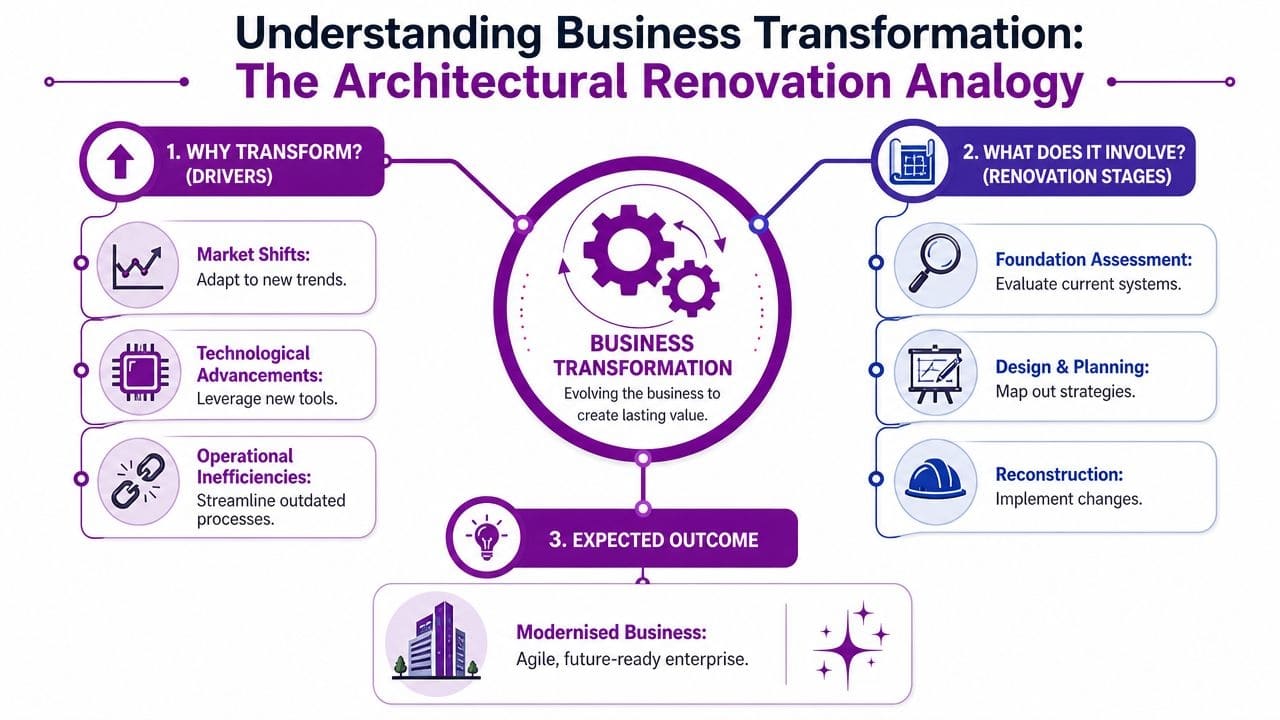 A diagram explaining business transformation using an architectural renovation analogy, including drivers, renovation stages, and outcomes.