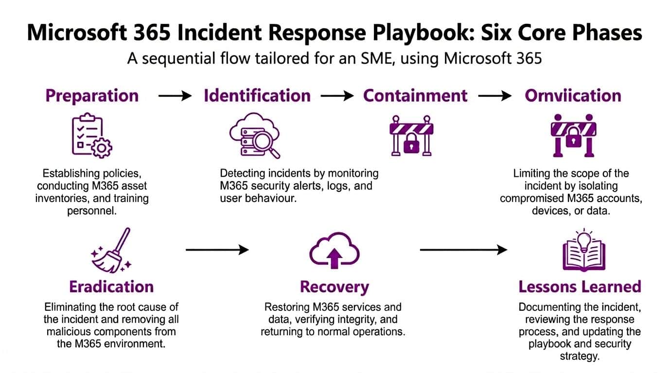 A flowchart showing the six core phases of a Microsoft 365 incident response playbook for organizations.