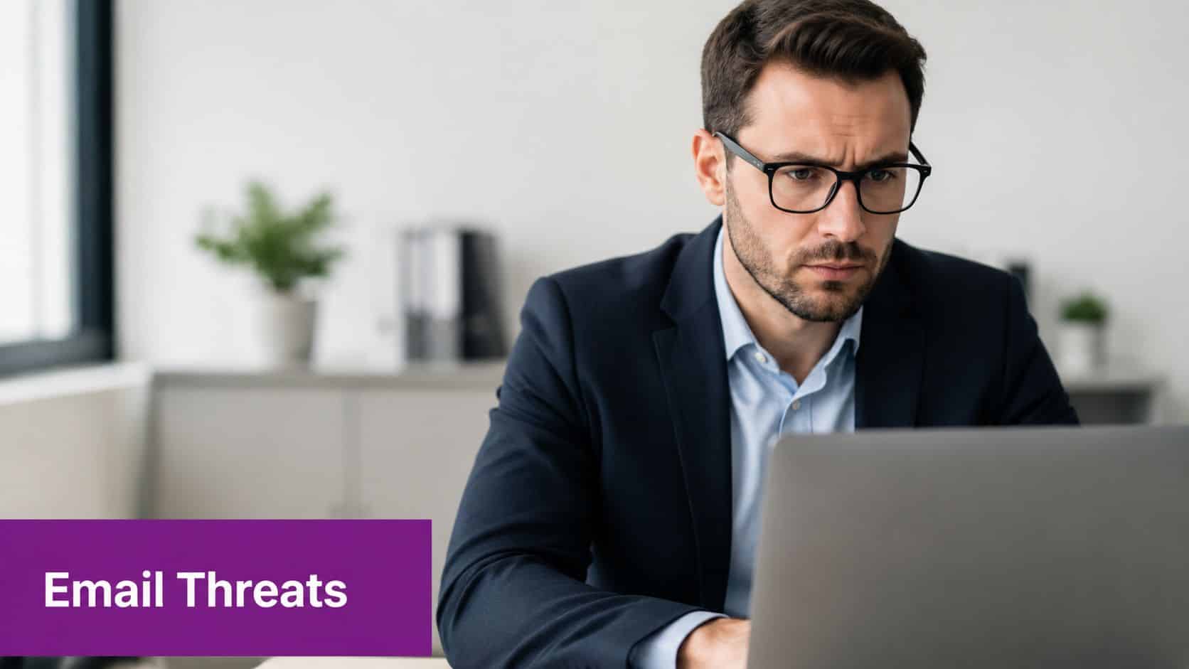 A professional businessman in a suit using his laptop while looking concerned about email security threats.