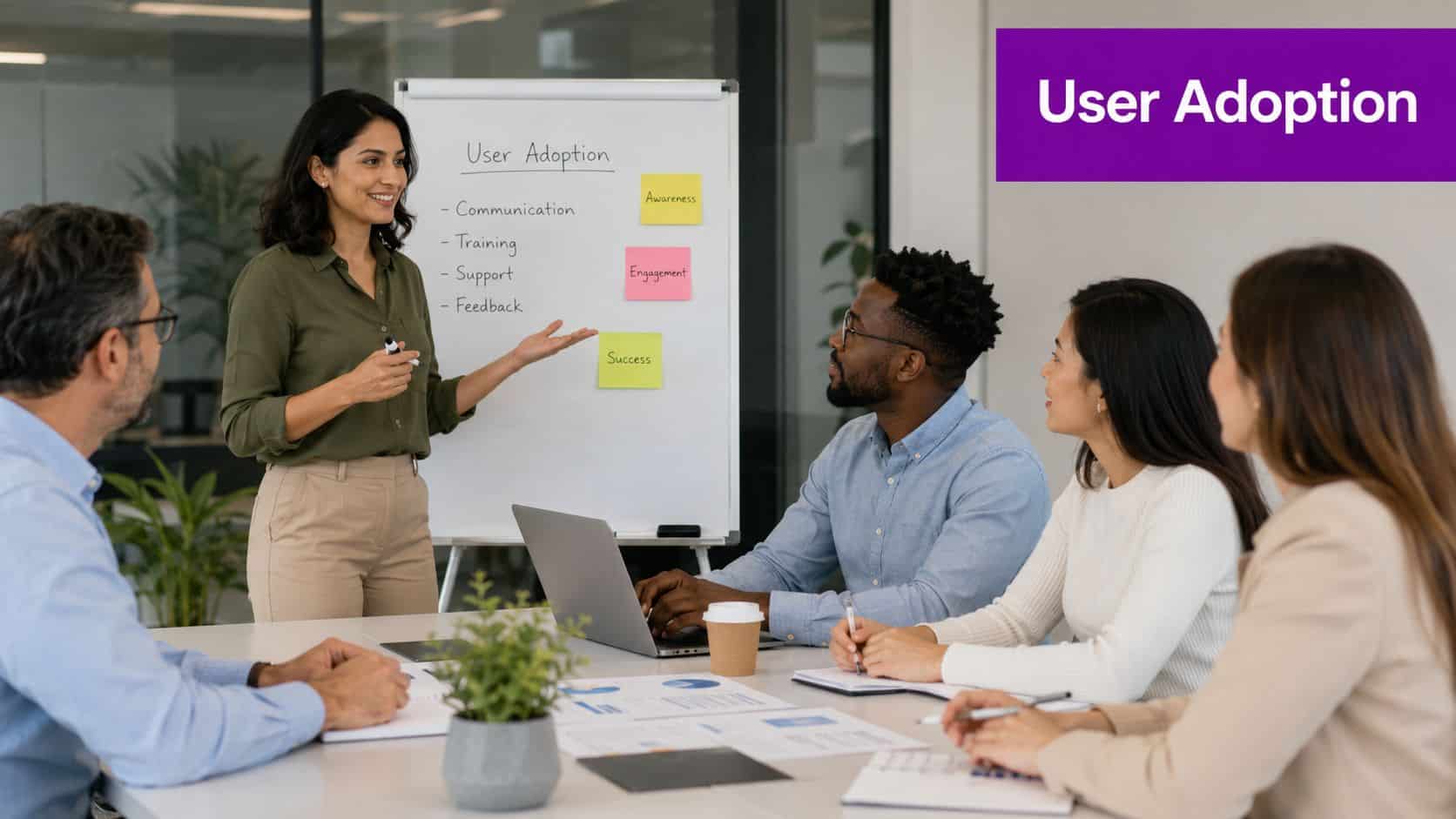 A diverse team of professionals discussing user adoption strategies during an office training meeting.
