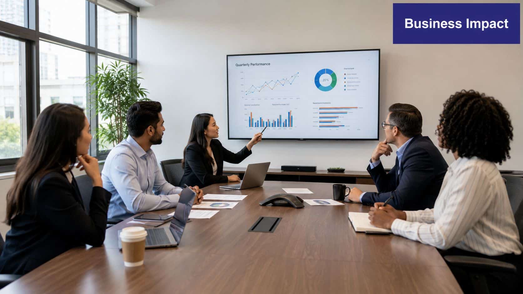 A diverse group of professionals collaborating in a modern office meeting room while reviewing business data.