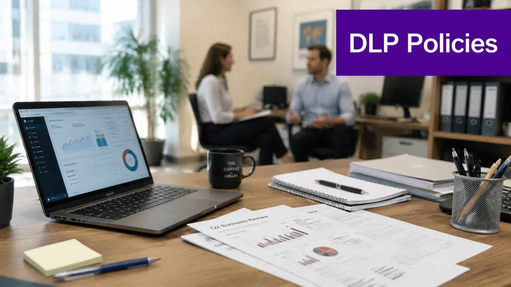 A professional office workspace featuring a laptop, charts, and colleagues discussing business in the blurred background.