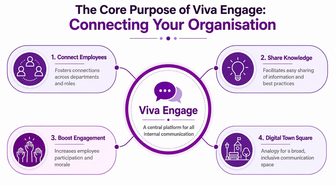 An infographic detailing the core purpose of Viva Engage as a central platform for internal organization communication.