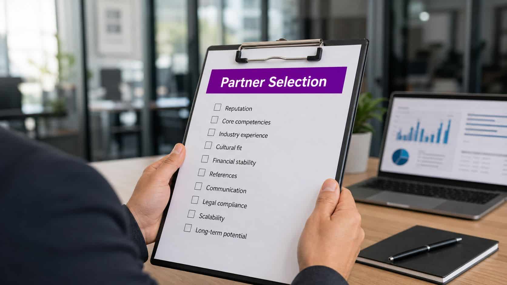 A professional holding a clipboard with a checklist titled Partner Selection in an office setting.