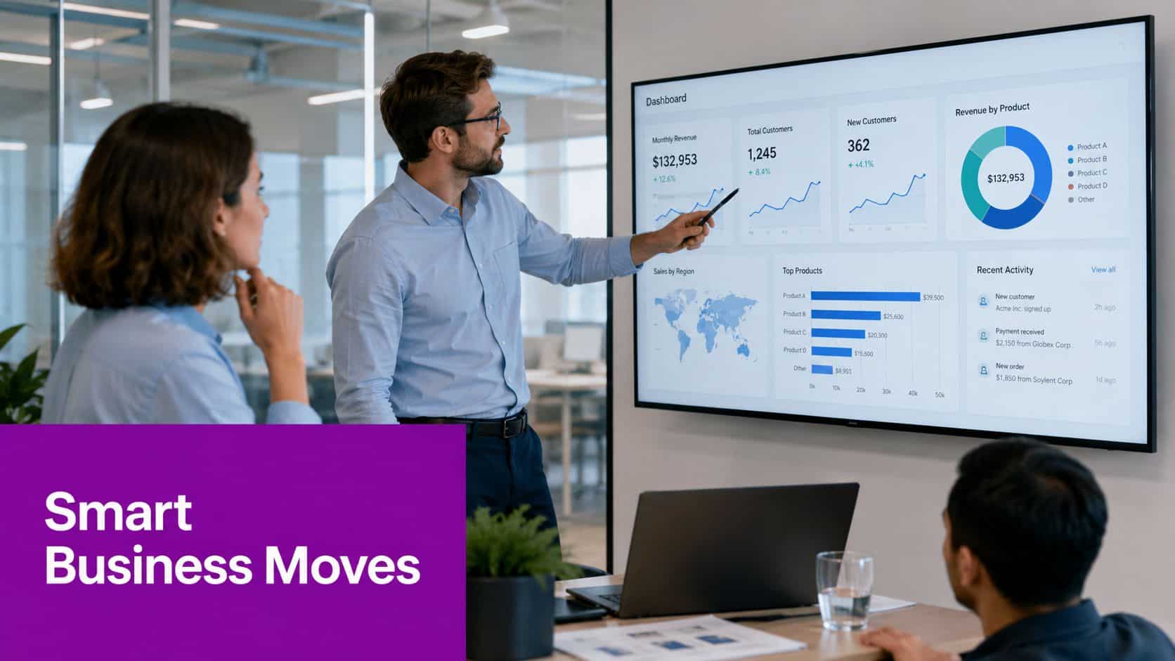 A professional man presenting business data analytics on a large screen to colleagues in an office.