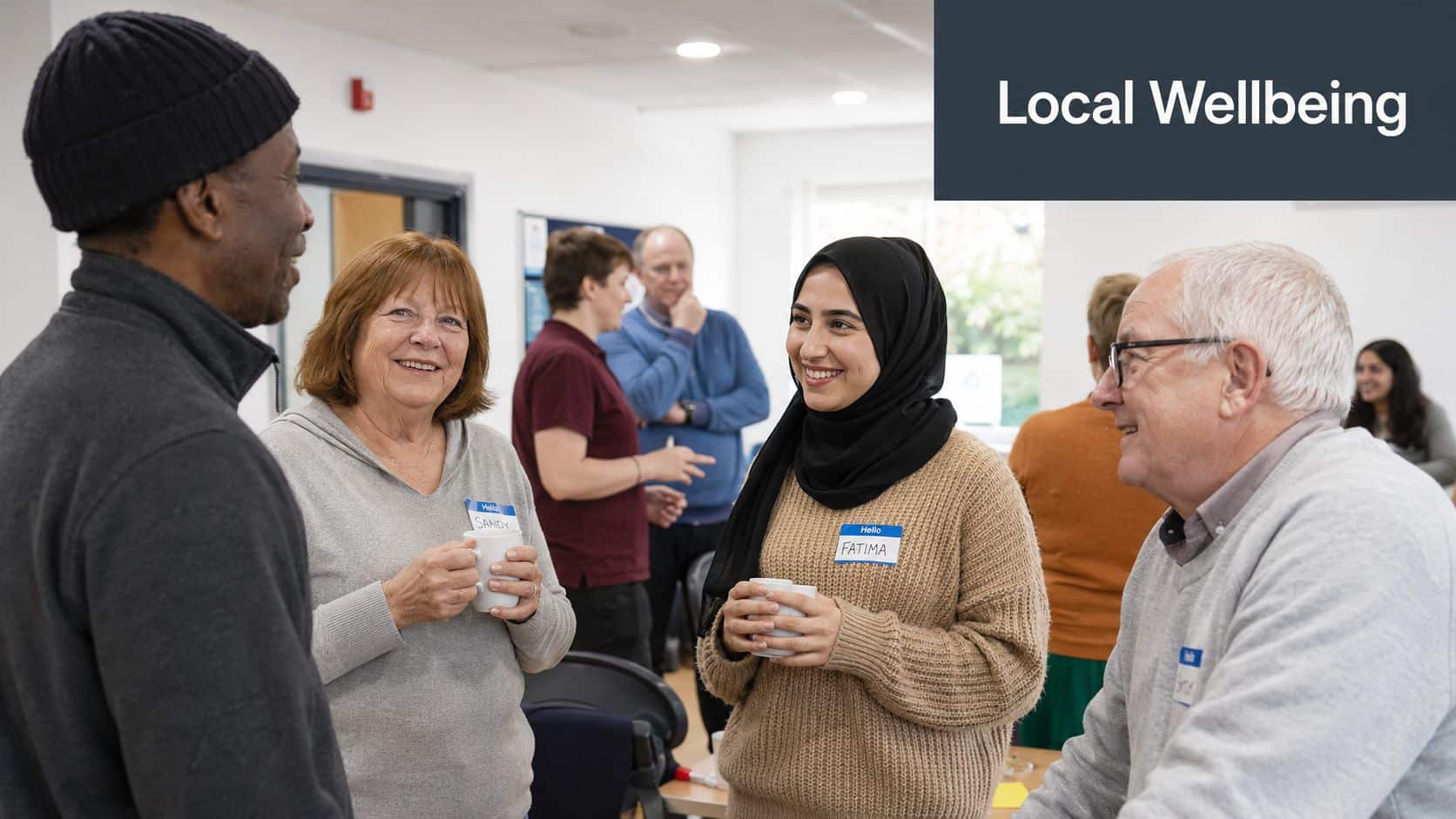A diverse group of adults talking, drinking coffee, and socialising at a local community wellbeing gathering.