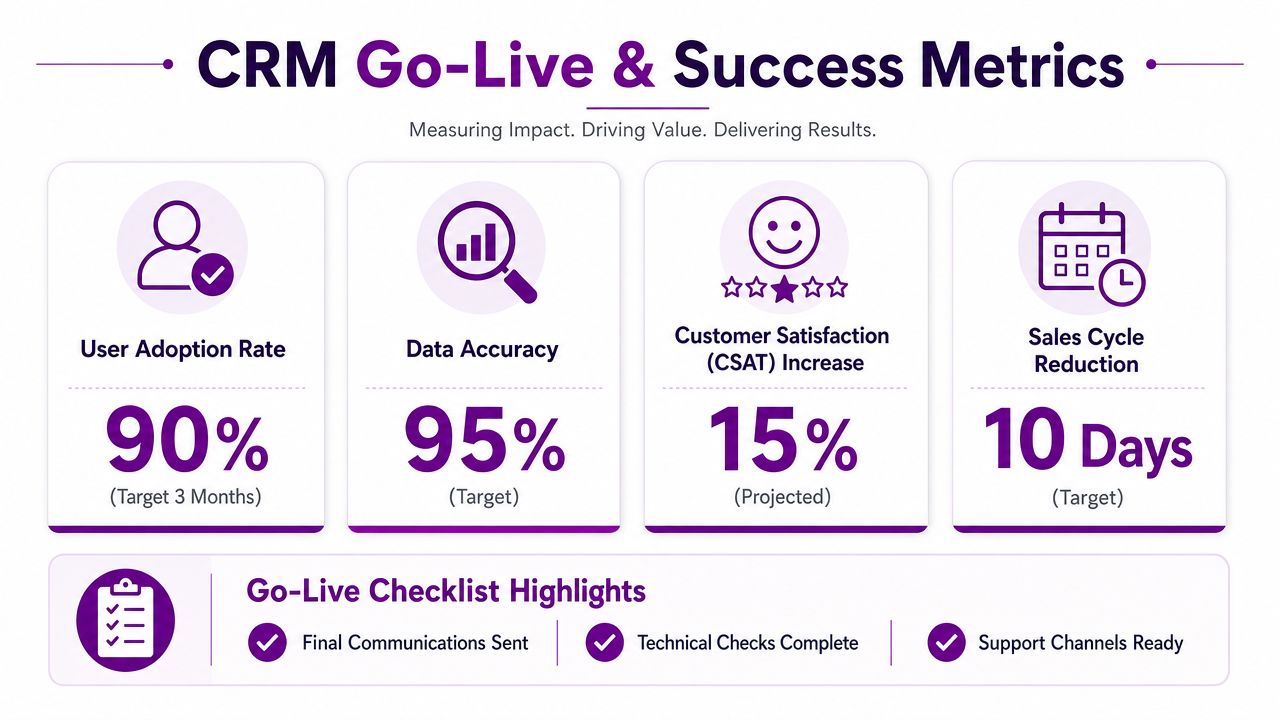 An infographic displaying CRM go-live and success metrics including adoption, data accuracy, satisfaction, and sales cycle reduction.