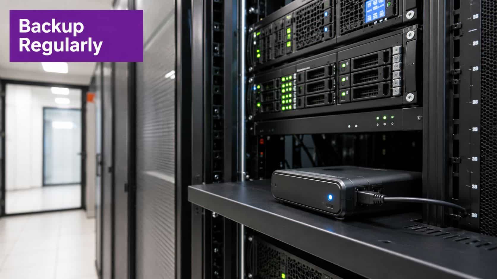 A rack-mounted server and external hard drive inside a secure data center environment for data storage.