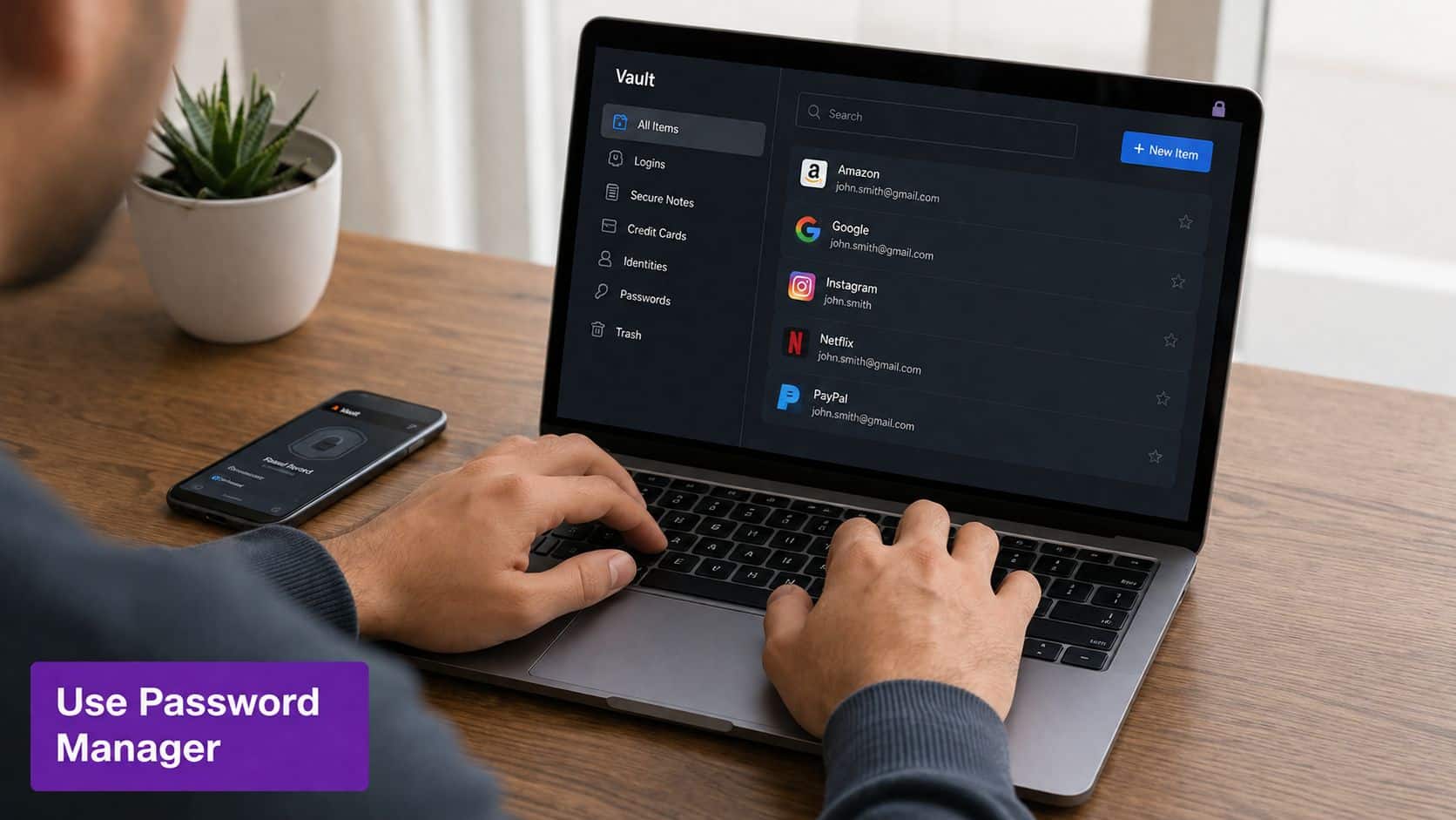 A person using a laptop to manage passwords with a secure digital vault application.