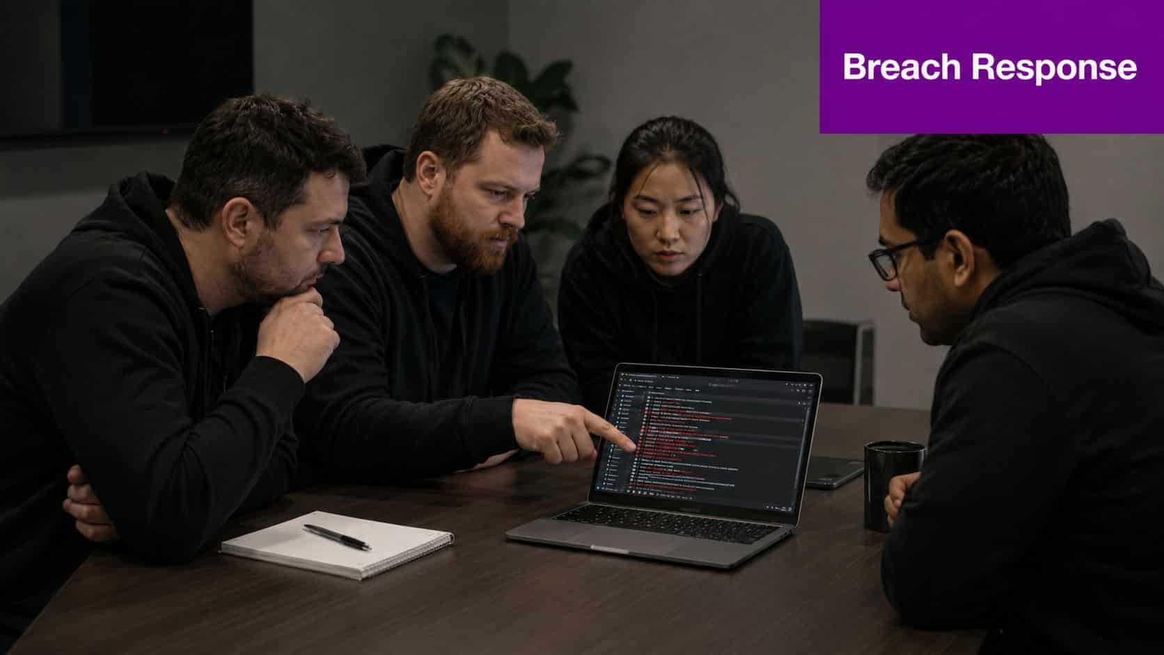 A diverse team of cybersecurity professionals collaboratively analyzing a data breach report on a laptop screen.