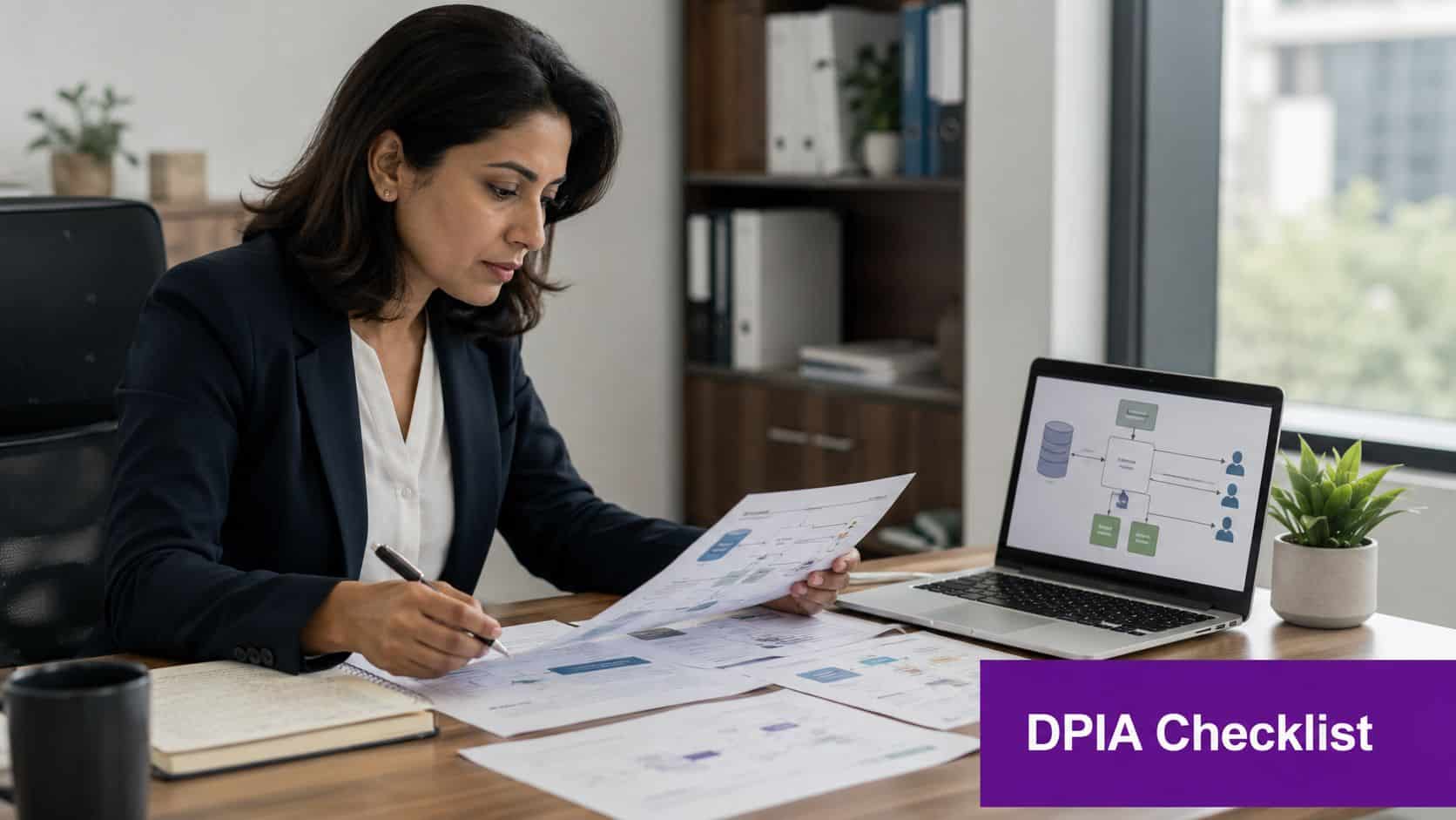 A professional woman in a suit reviews data flow diagrams while sitting at her office desk.