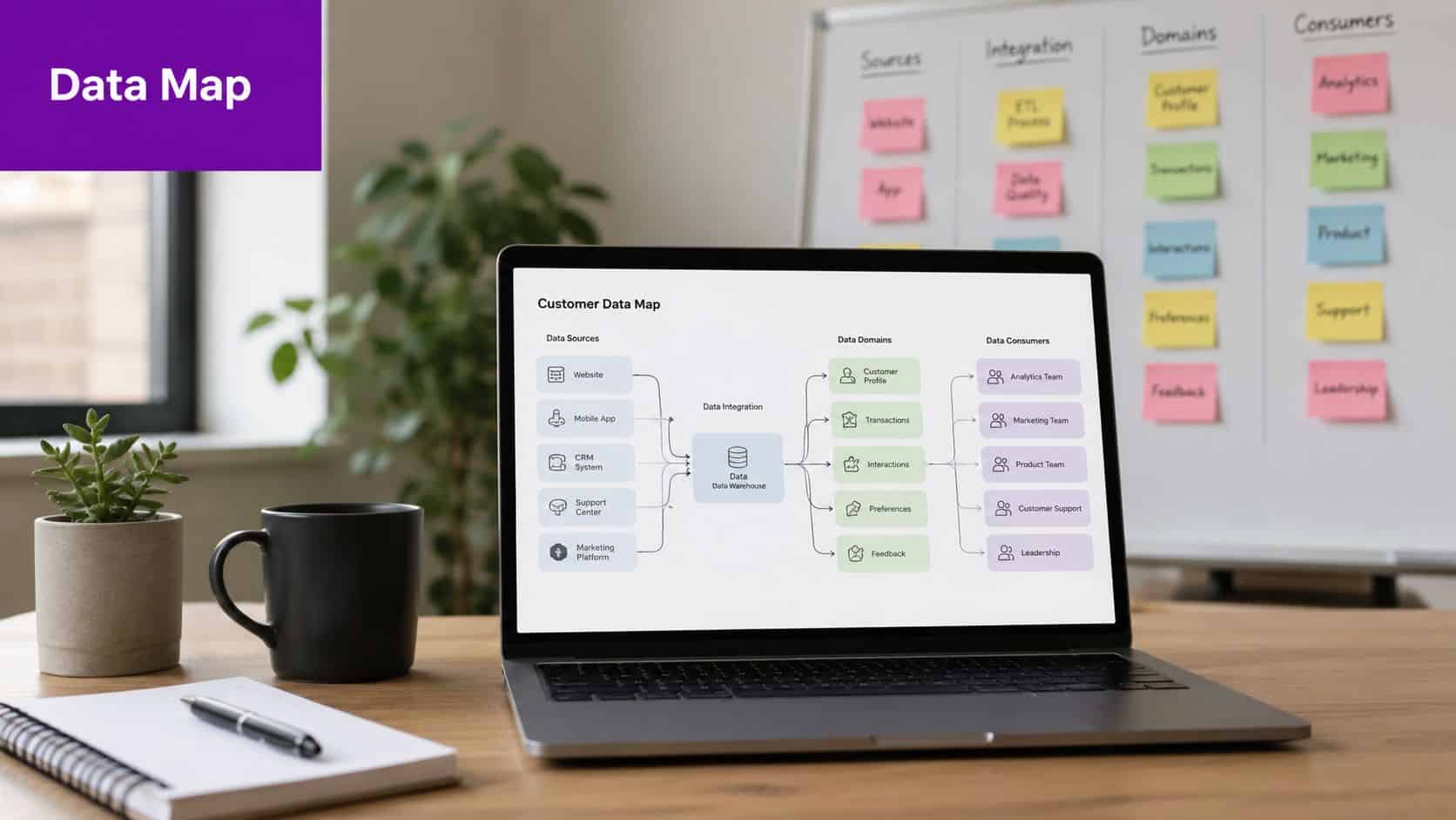 A laptop on a wooden desk displaying a digital customer data map flow diagram on its screen.