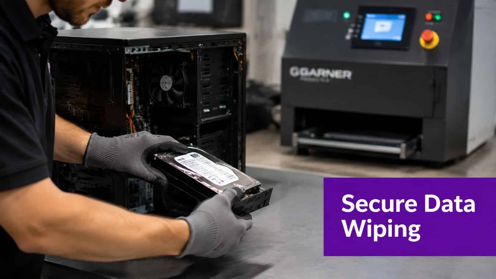 A technician wearing protective gloves removes a hard drive from a computer for secure data wiping.