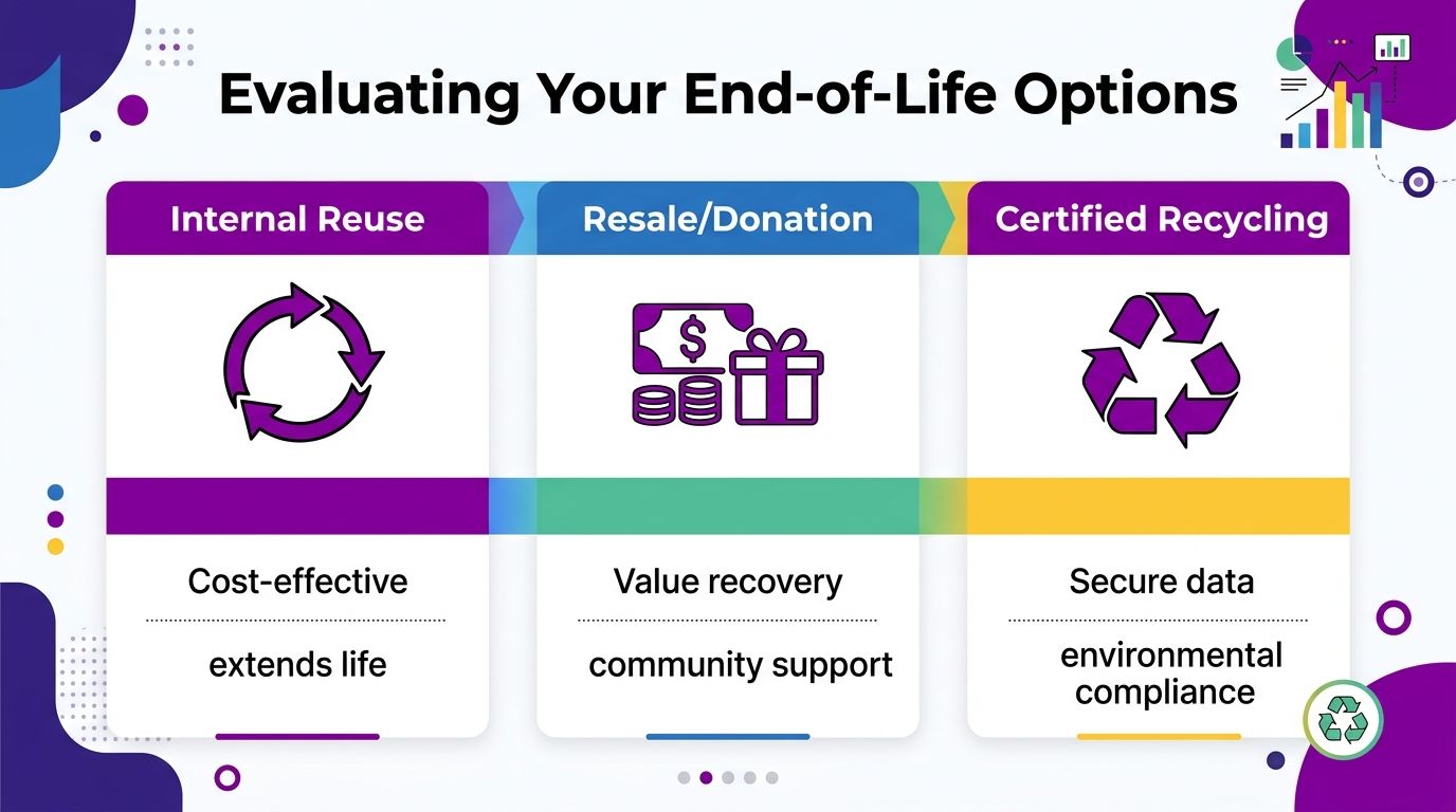 A diagram illustrating three end-of-life options for hardware: internal reuse, resale or donation, and certified recycling.