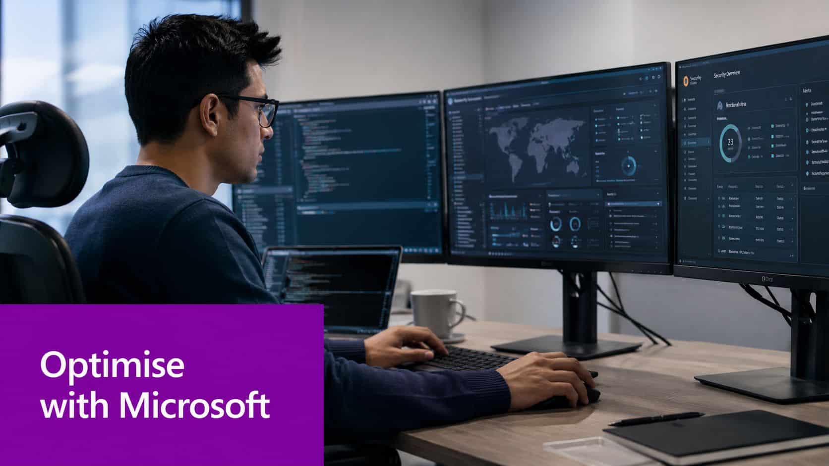 A professional cybersecurity expert working on multiple monitors in a modern office, analyzing security incident data.