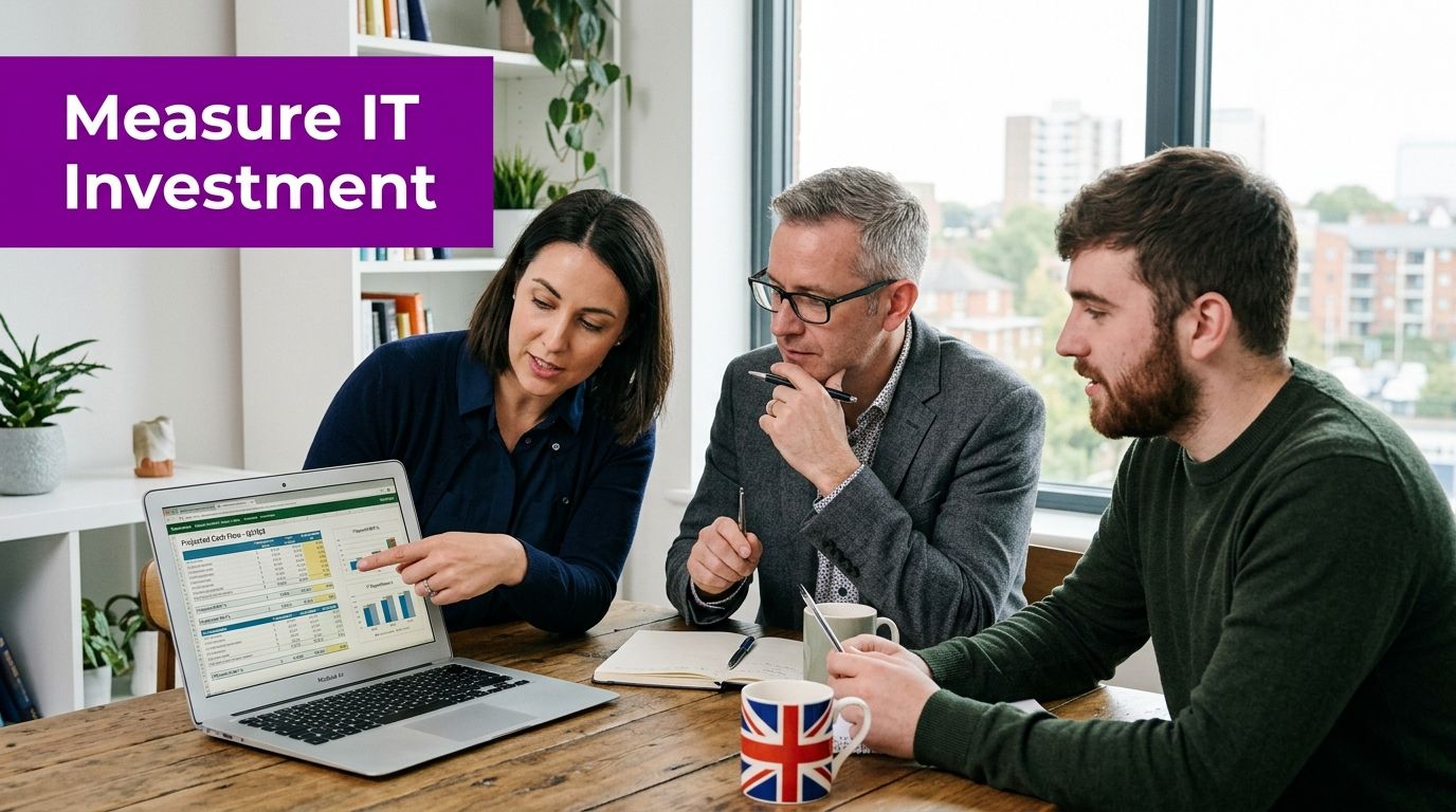A diverse business team discussing financial IT investment strategies while reviewing data on a laptop computer screen.