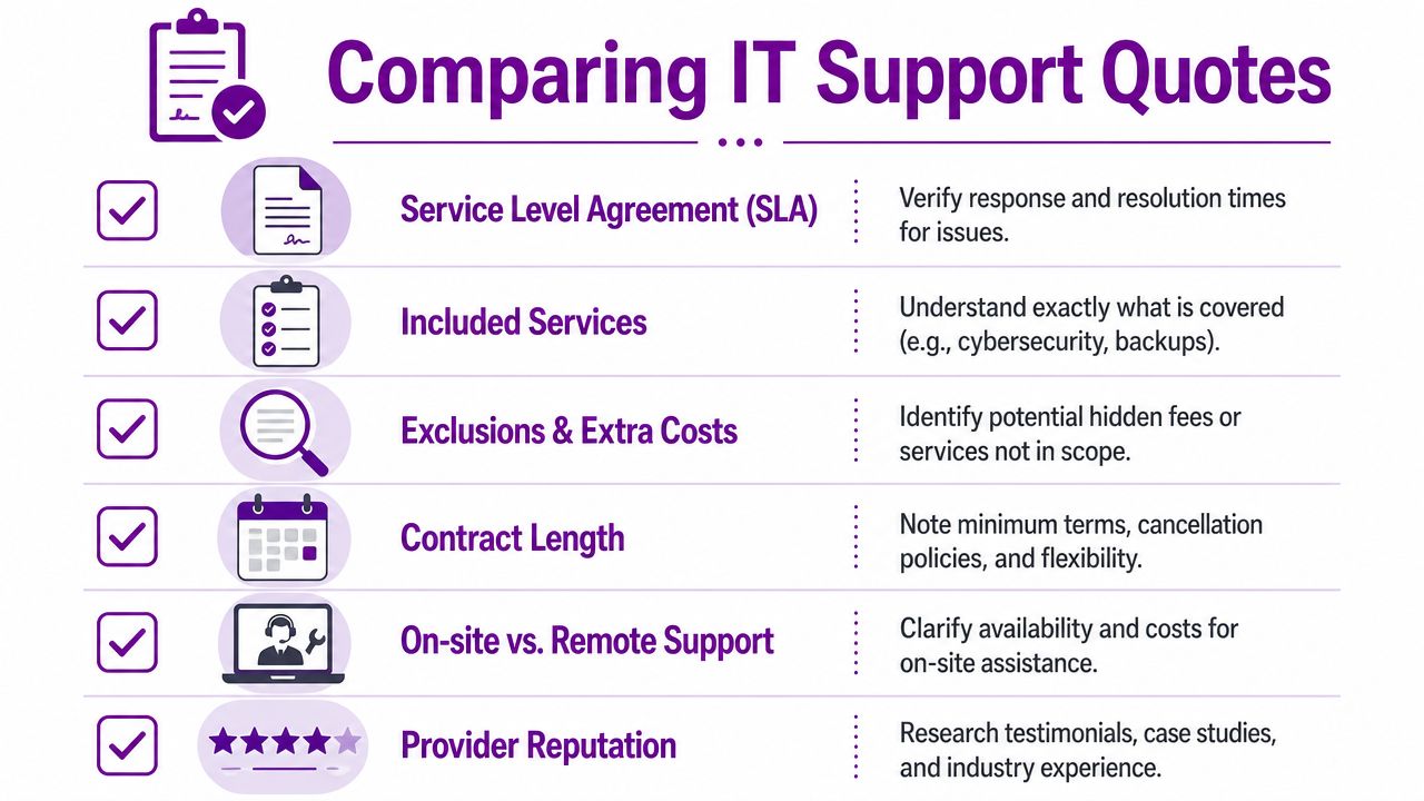 A checklist infographic titled Comparing IT Support Quotes, outlining six key factors to evaluate when hiring providers.
