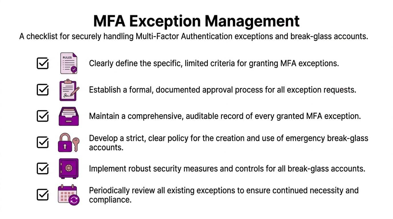 A checklist infographic outlining best practices for managing Multi-Factor Authentication exceptions and emergency break-glass accounts.