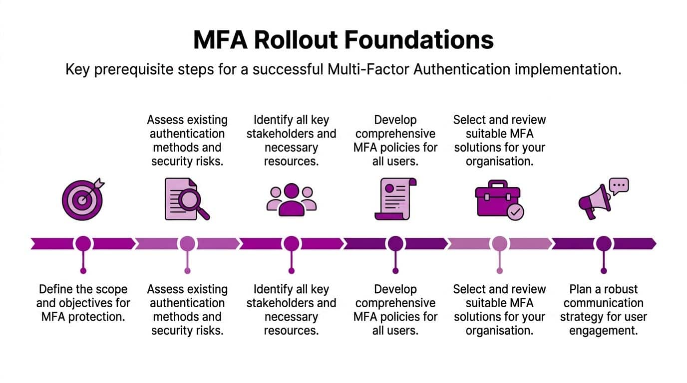 A timeline graphic showing six foundational steps for implementing multi-factor authentication in an organization.