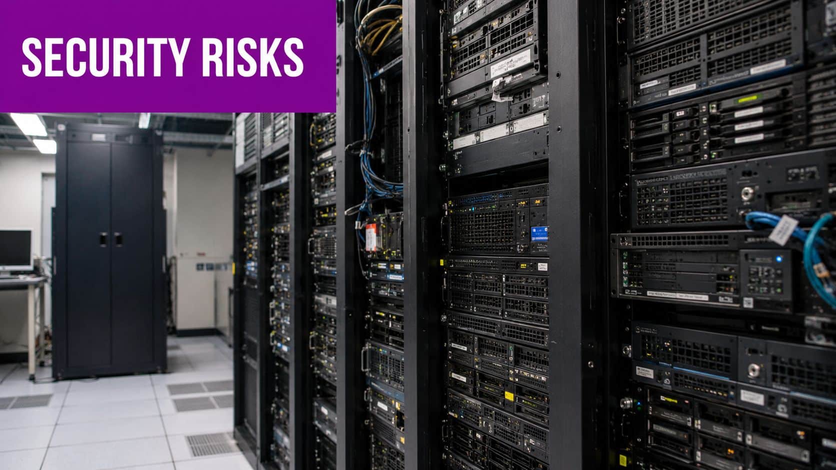 A rows of black server racks in a modern data center with the words security risks displayed.