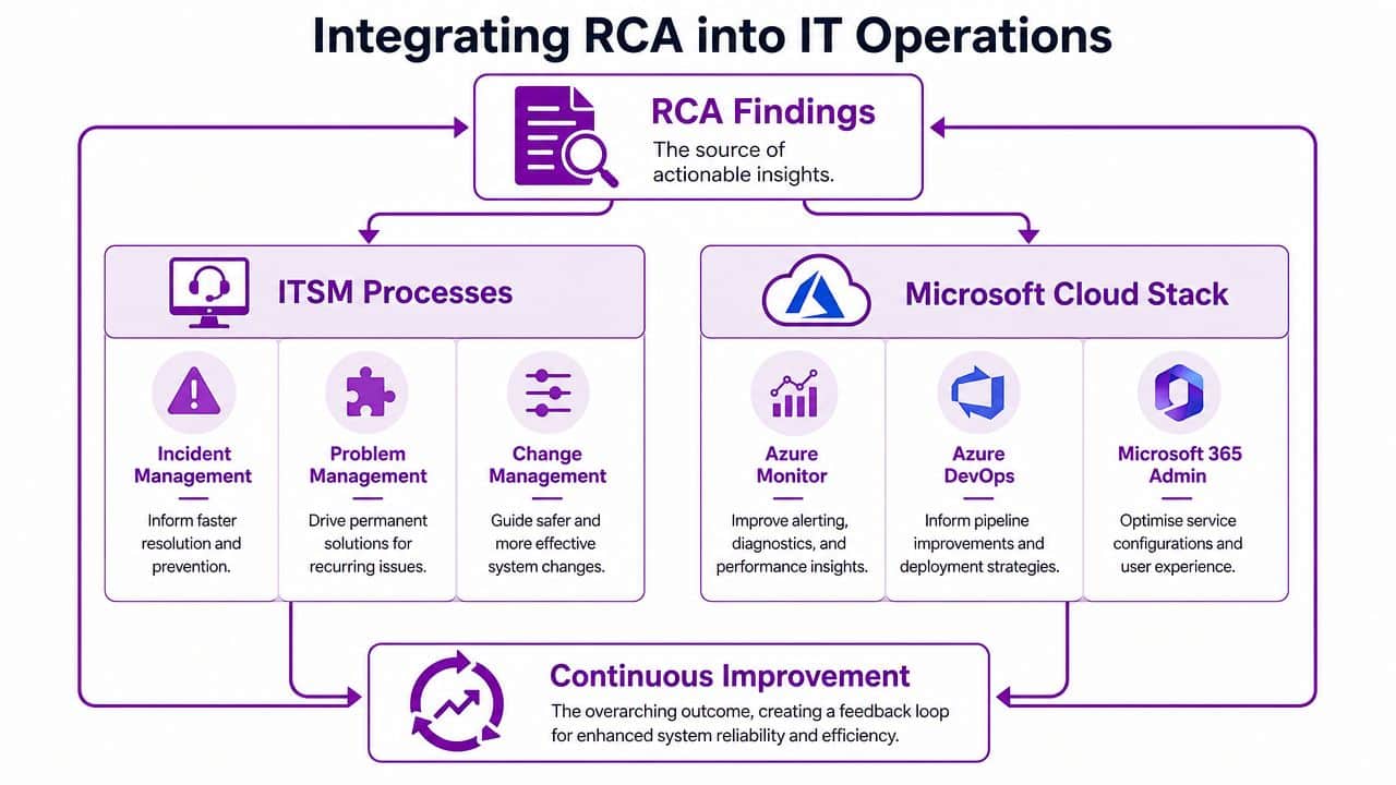 A diagram illustrating how Root Cause Analysis findings integrate with ITSM processes and Microsoft Cloud Stack tools.