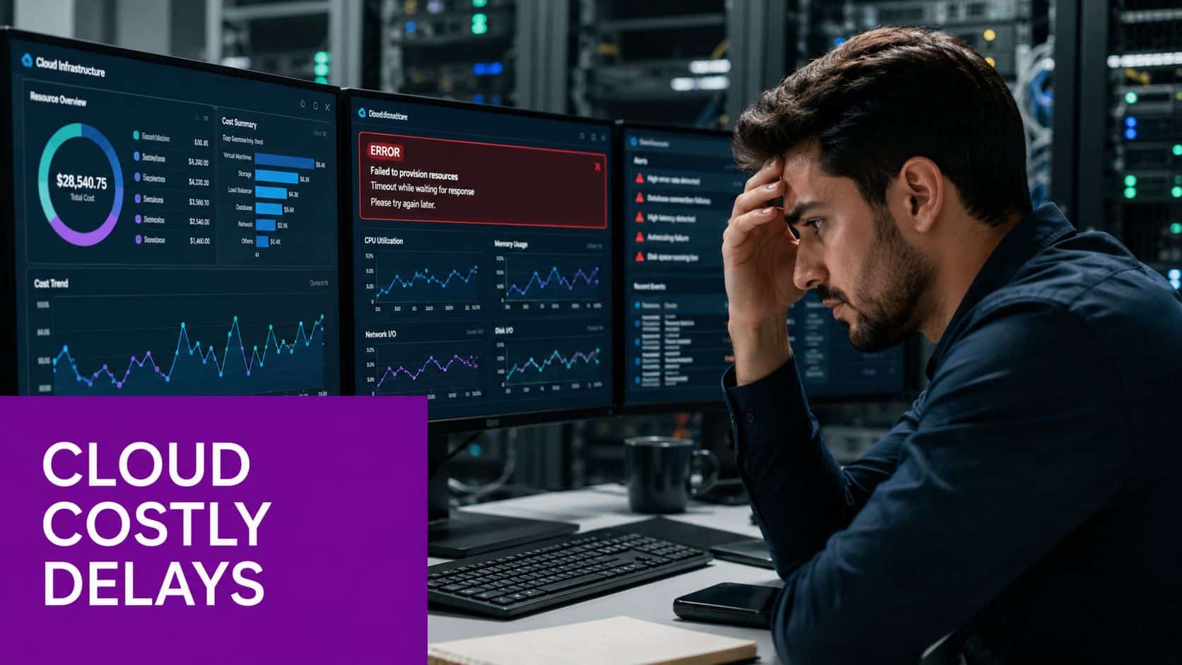A stressed IT engineer looking at cloud infrastructure monitors displaying error messages and high costs.
