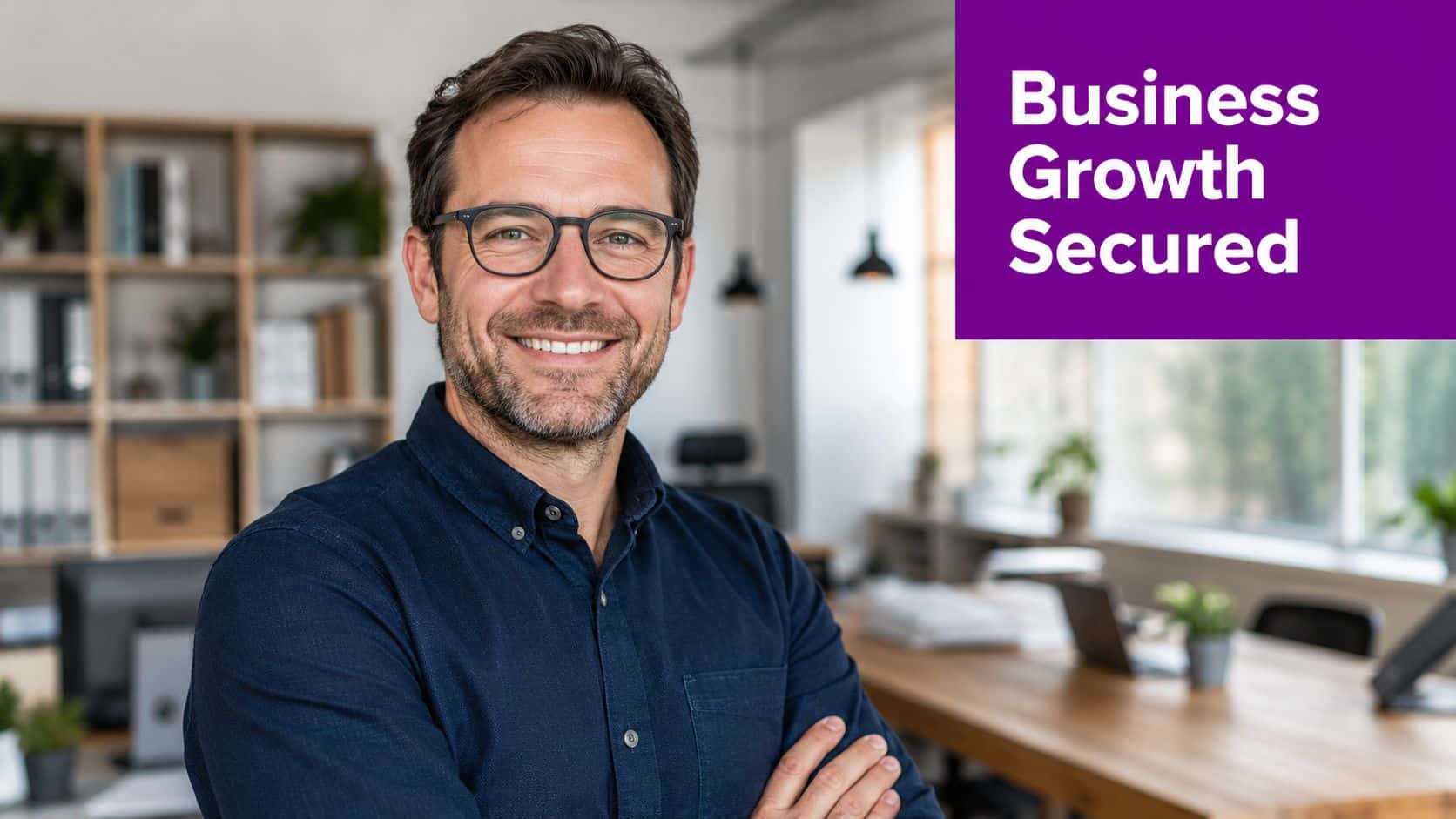 A professional man with glasses and a navy shirt smiling confidently in a modern office workspace.