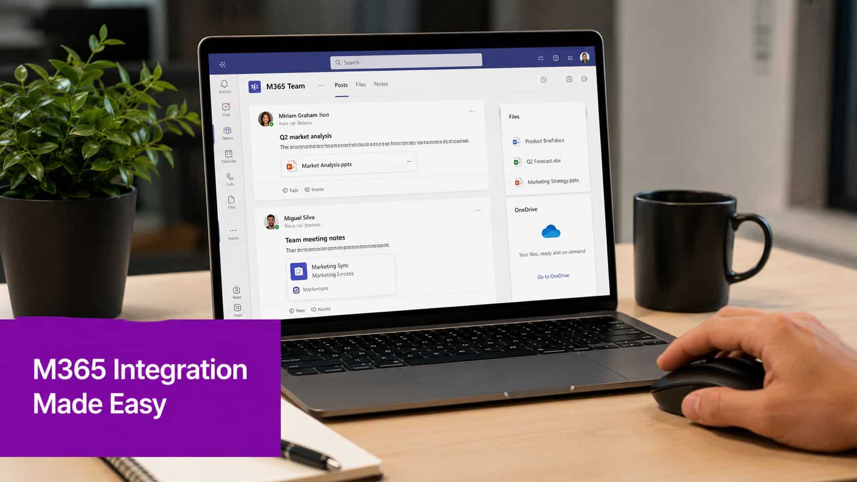 A laptop on a wooden desk displaying a Microsoft Teams interface for collaborative information security management.
