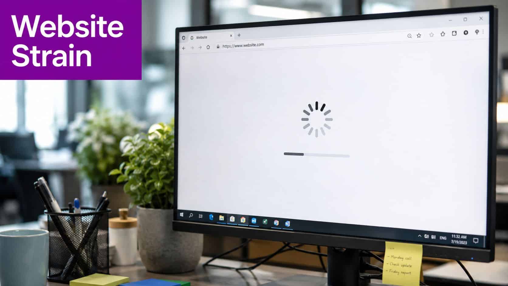 A computer monitor showing a webpage loading icon on a browser screen in an office setting.