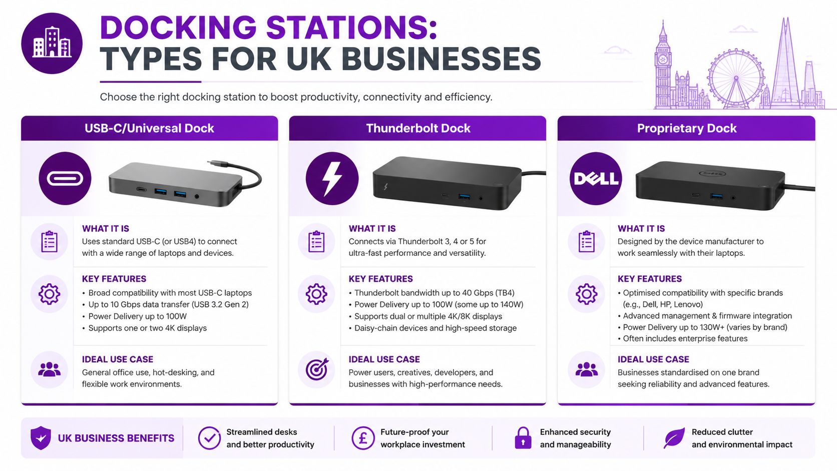 An infographic detailing the three main types of docking stations: USB-C/Universal, Thunderbolt, and Proprietary for businesses.