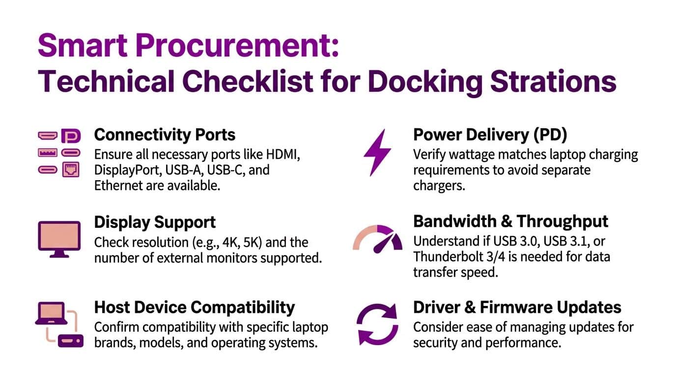 A checklist for procuring docking stations covering connectivity, power delivery, display support, bandwidth, compatibility, and firmware updates.