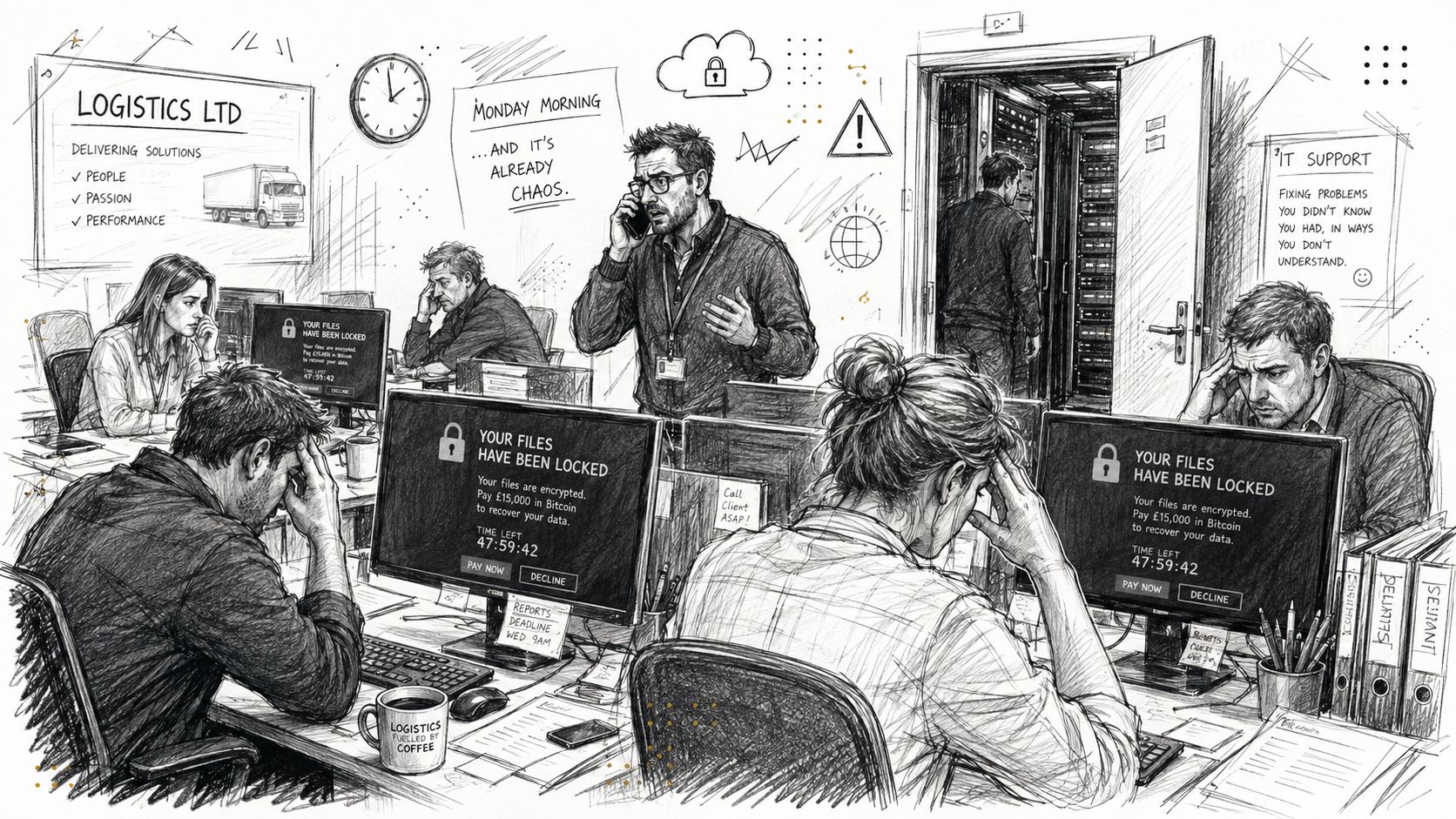 A pencil-sketch illustration showing office workers stressed by a ransomware attack and locked computer screens.