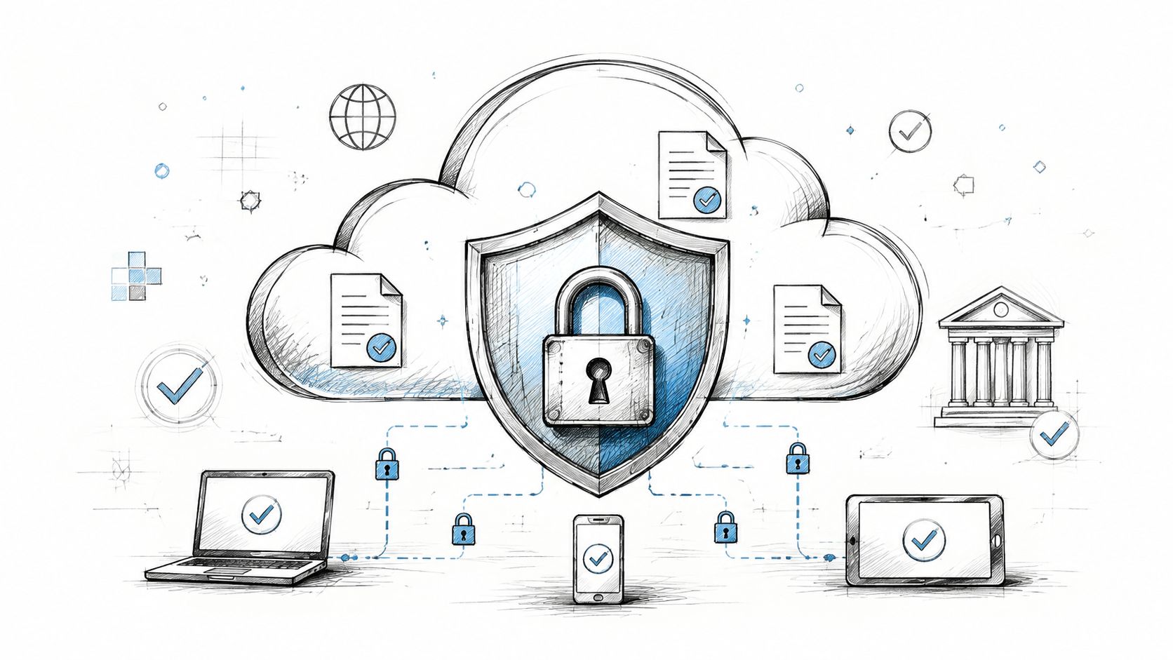 A hand-drawn sketch illustrating cloud security with a central shield and padlock connecting to various digital devices.