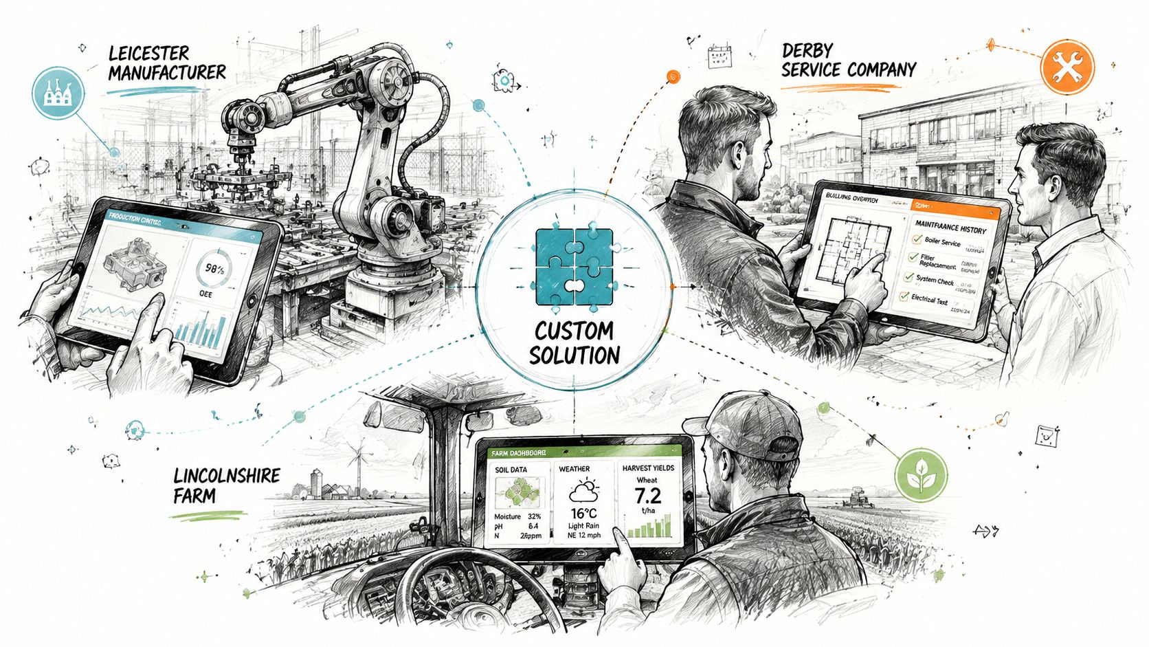 A digital illustration showing custom software solutions for a manufacturer, a service company, and a farm.