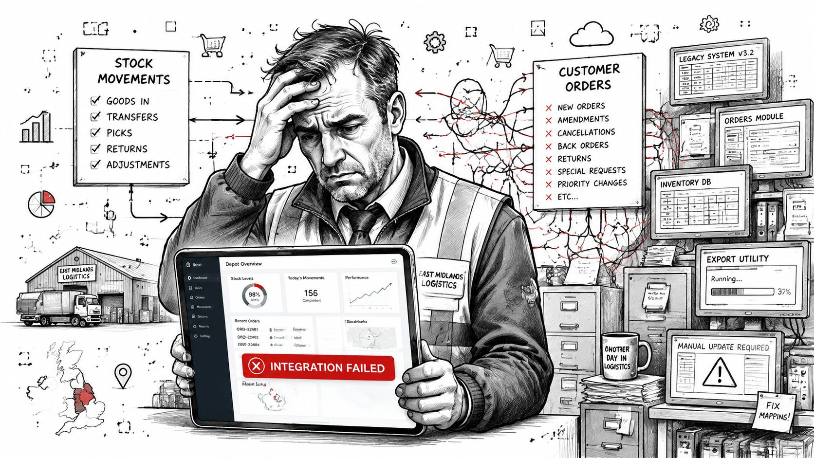 A stressed logistics manager looking at a tablet showing an integration failure error in a busy office.