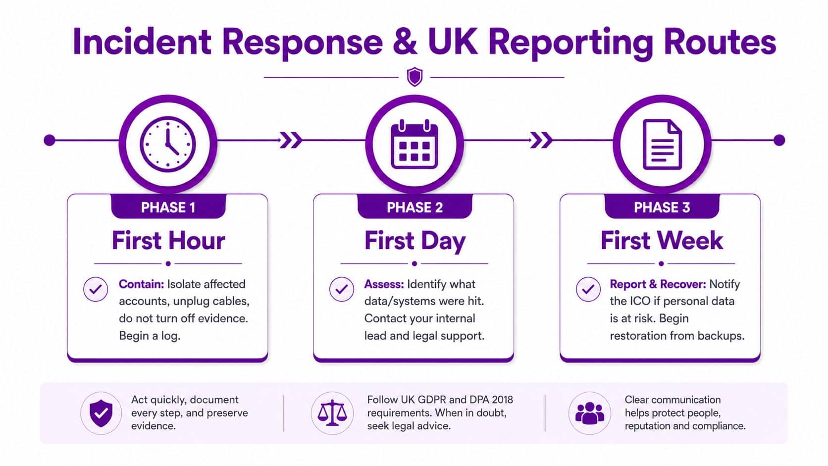 A three-phase infographic outlining essential steps for handling cyber security incidents and UK regulatory reporting requirements.