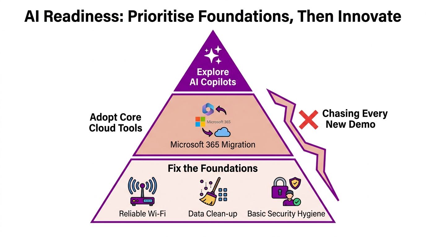 A pyramid diagram showing a strategic approach to AI readiness for small businesses starting with infrastructure foundations.