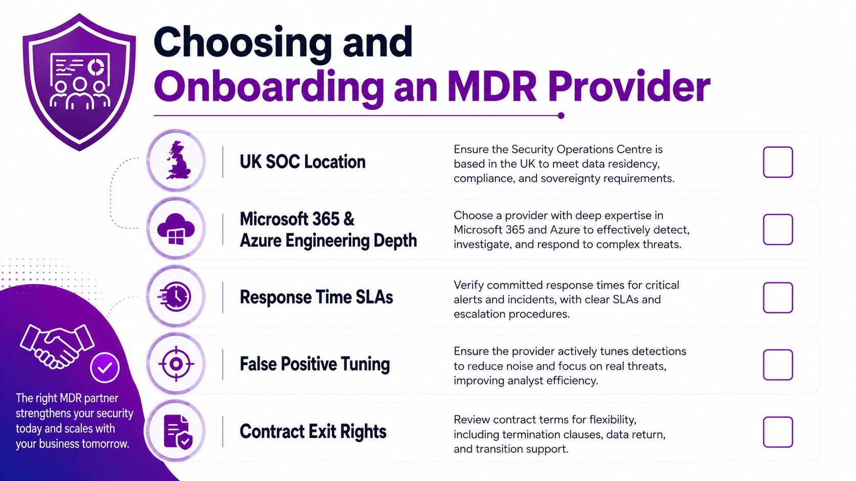 A checklist infographic titled Choosing and Onboarding an MDR Provider, outlining key criteria for security services.