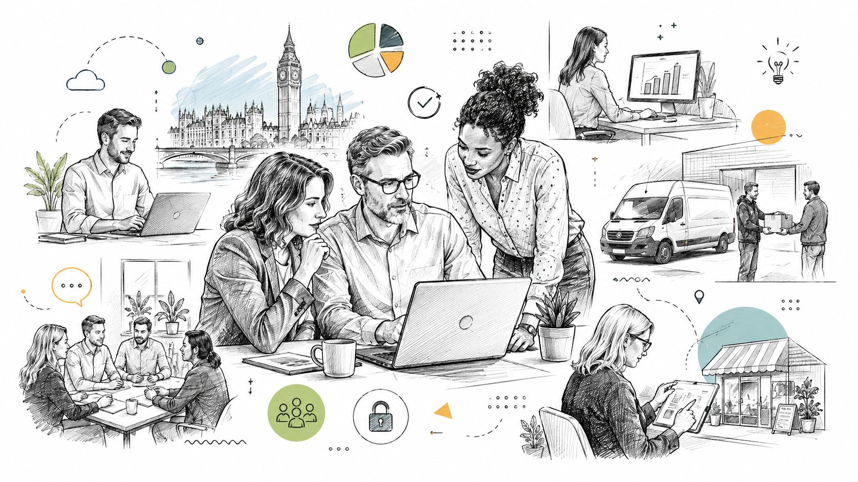 A collage of illustrations depicting a collaborative business workspace, software development, logistics, and retail management services.