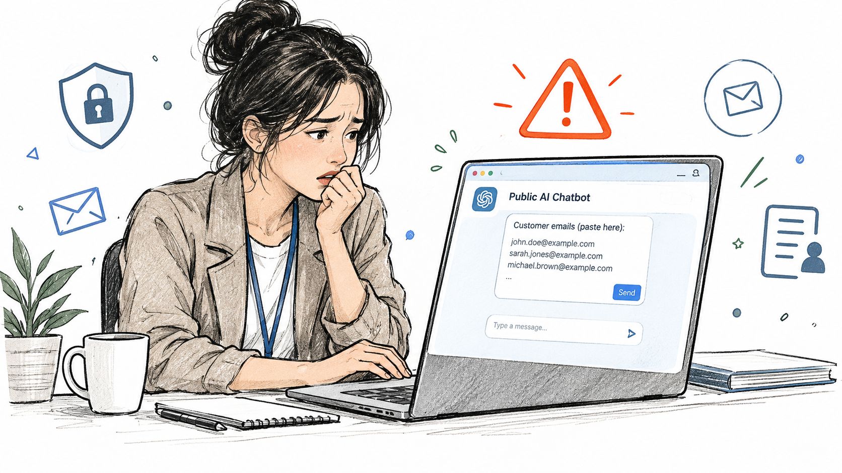 A concerned woman sitting at her laptop while inputting customer email addresses into a public AI chatbot.