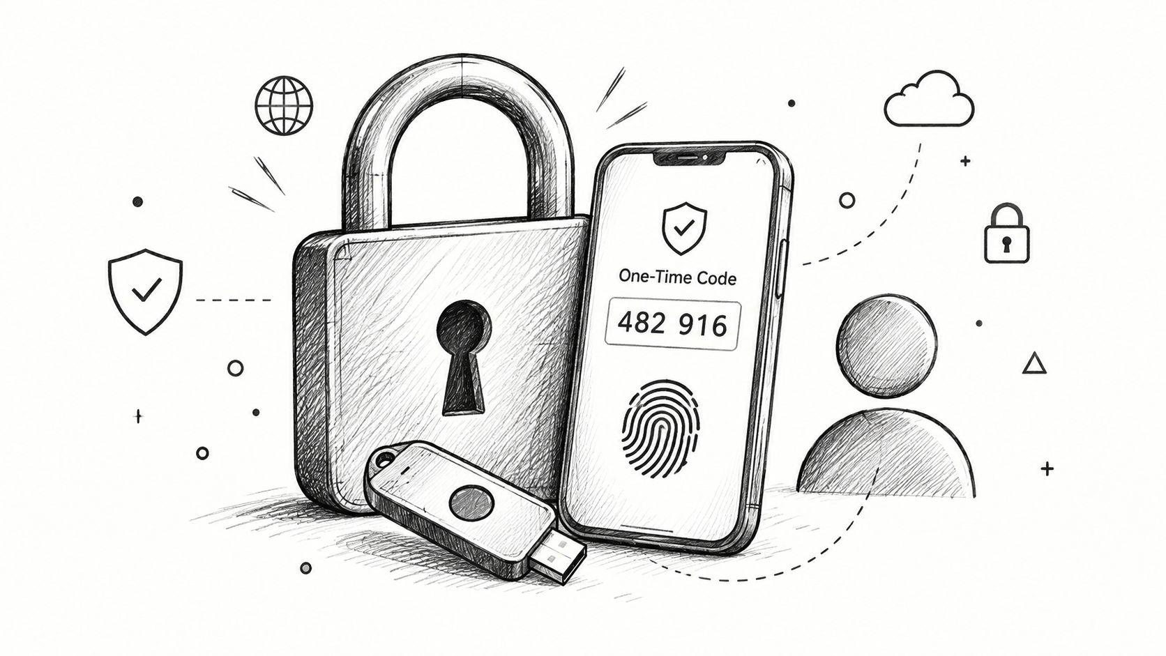 A conceptual sketch showing a padlock, a USB security key, and a smartphone displaying a security code.
