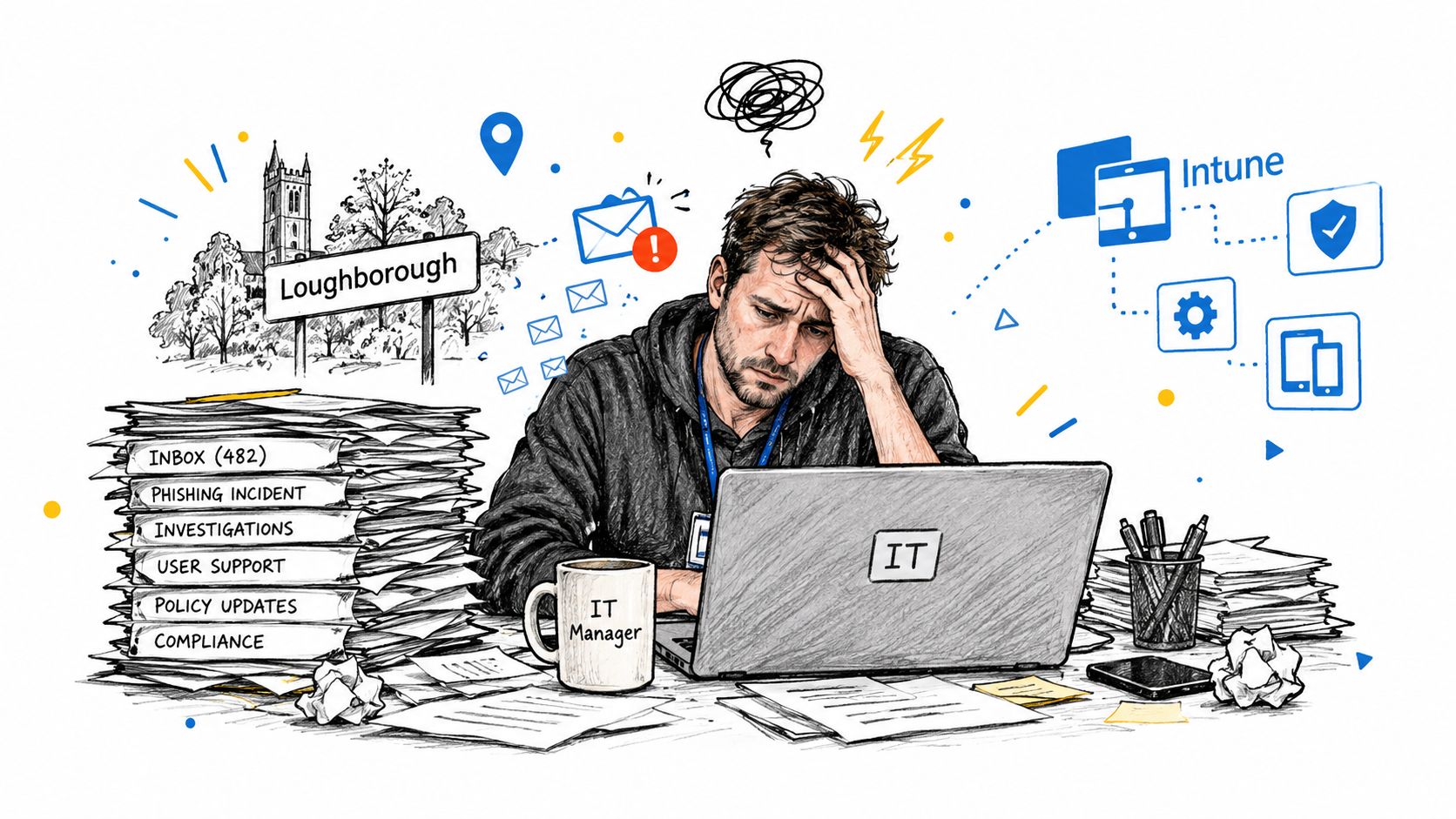 Stressed IT manager sitting at a desk overflowing with paperwork and emails, symbolizing overwhelmed IT support.