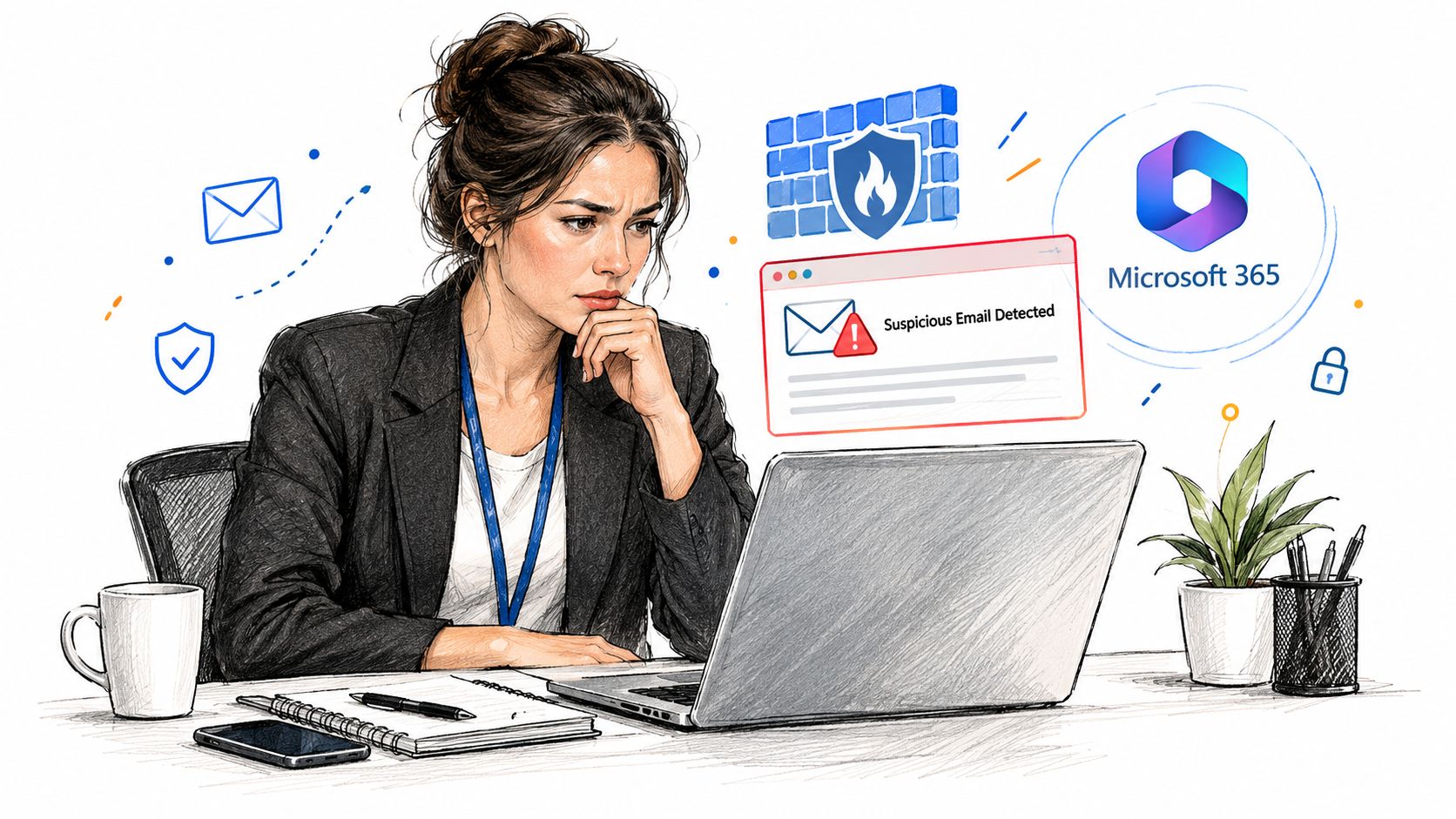 A professional woman looking concerned at a laptop displaying a suspicious email warning from Microsoft 365.