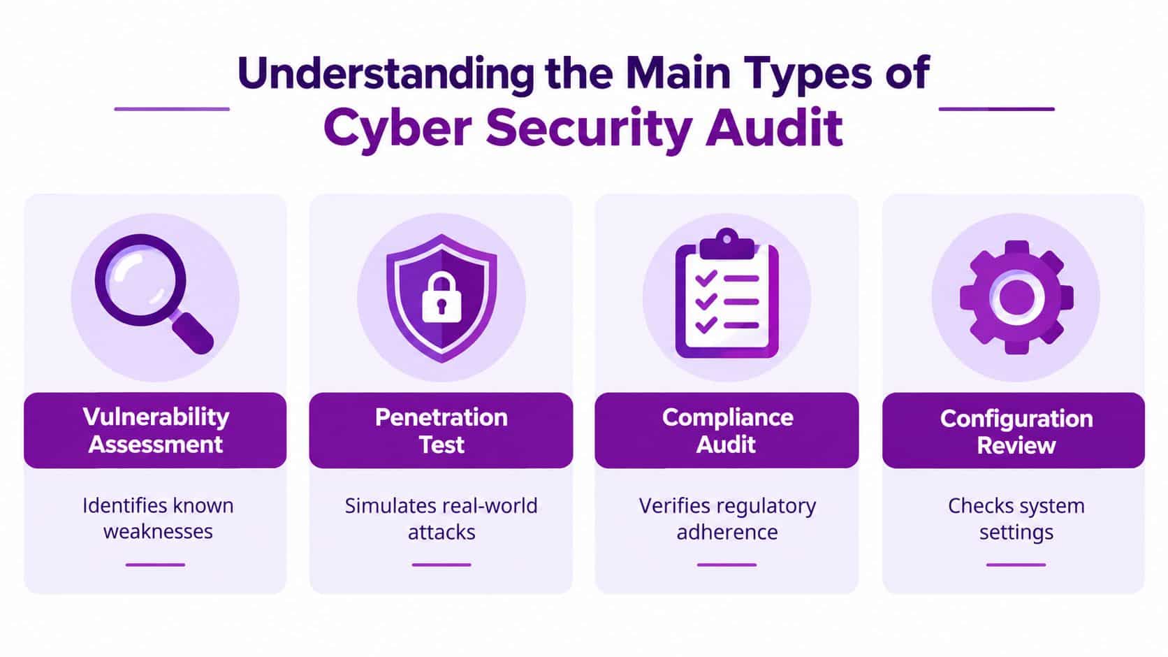 An infographic titled Understanding the Main Types of Cyber Security Audit showing four essential audit methods.
