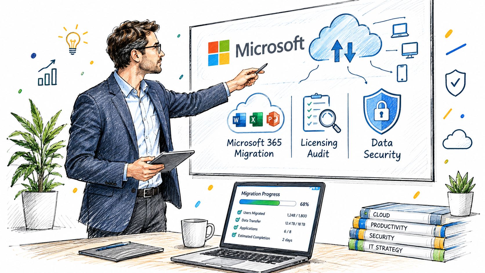 A professional business consultant presenting Microsoft 365 cloud migration strategies and data security on a whiteboard.