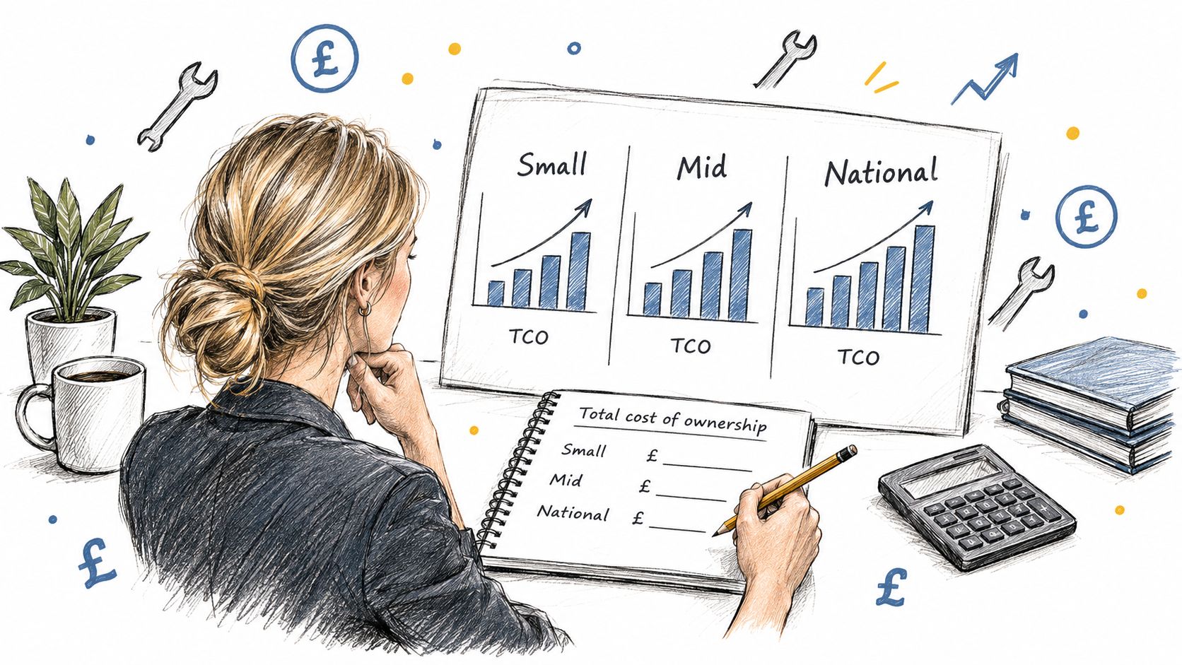 A professional woman analyzing total cost of ownership charts for small, mid, and national business scales.