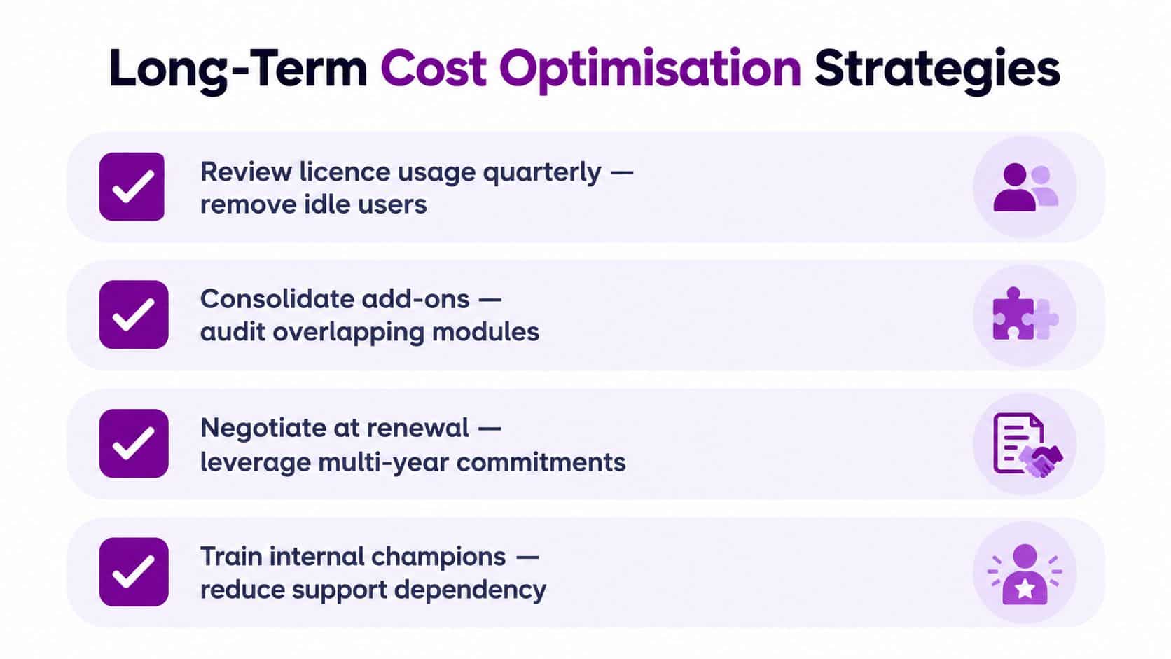 A list of four key strategies for achieving long-term cost optimization in business software licensing.