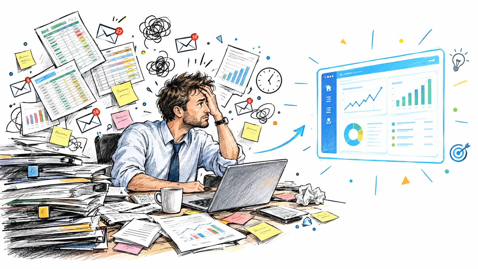 A stressed businessman surrounded by piles of paperwork looking at a modern digital data visualization dashboard screen.
